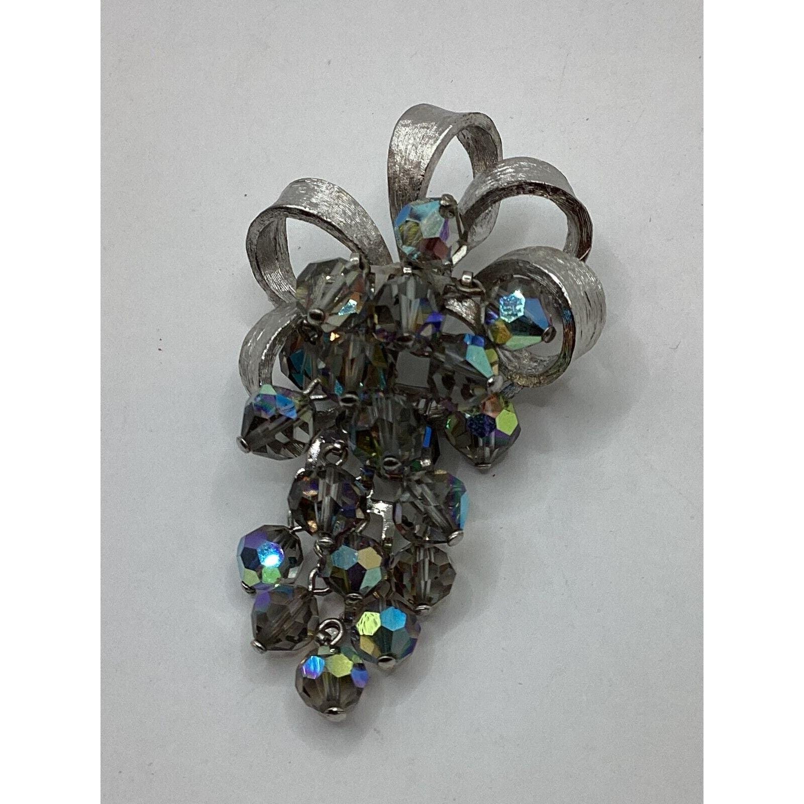 Park Lane Silvertone Brooch Faceted Aurora Borealis Beads Drop Cluster