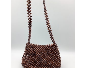 1970s Majid Wood Bead Shoulder Or Cross Body Bag Top Zipper NOS