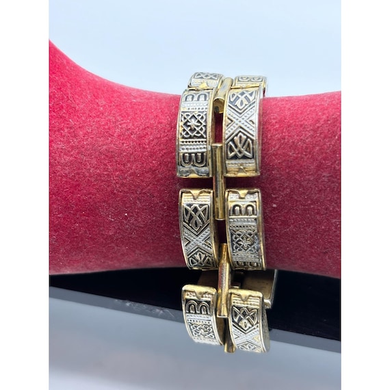 1960s Gold Tone Damascene Bracelet-Safety Chain-Estate Find