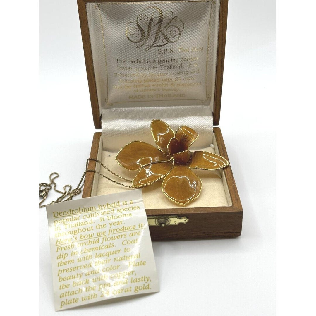 Collier Ou Broche Avec Fleur D'orchidée Véritable Stabilisée - Plaqué Or, Occasion