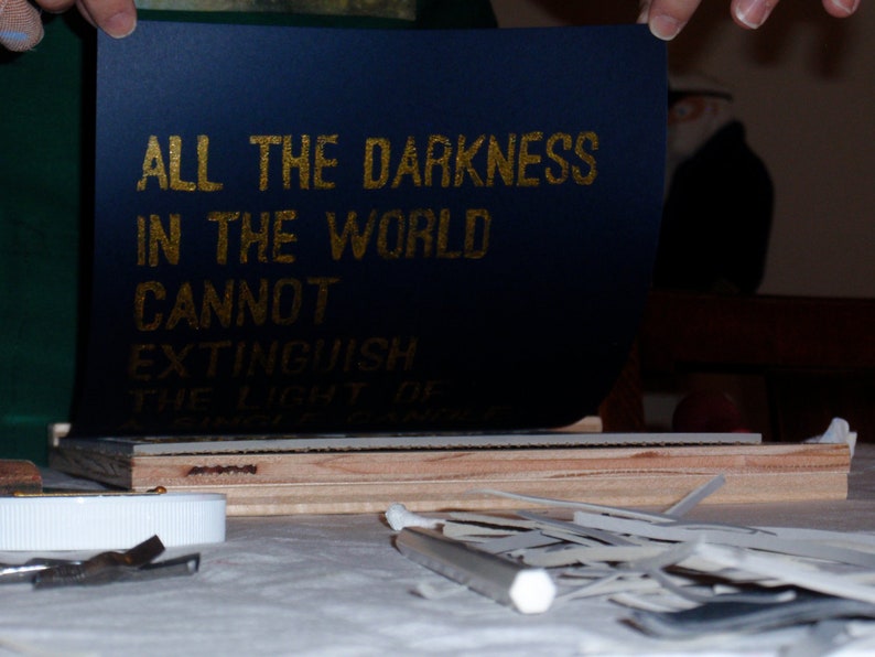 St Gold and Dark Blue- Francis of Assisi QUOTE Linocut Print- Inspirational Typography Art Quote 8x10