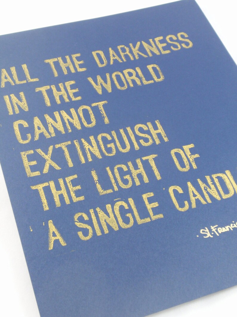 St Gold and Dark Blue- Francis of Assisi QUOTE Linocut Print- Inspirational Typography Art Quote 8x10