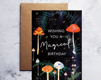 Je vous souhaite une carte de vœux magique aux champignons d’anniversaire | | A6 forêt forêt anniversaire fantaisiste