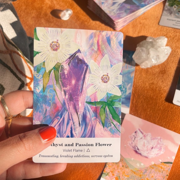 Earth alchemy oracle deck with plants, flowers and crystals, botanical card deck for self care and intuition readings