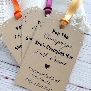 Set of 12 Champagne Favor Tags / Bridal Shower Favors / Mini Champagne Bottle Tags / Pop it and give a Cheer / Bridal Luncheon - Handmade