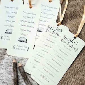 Lot de 8 signets "Wishes for Baby" avec citations de livres pour enfants au dos - Thème du livre pour enfants - Apportez un livre pour la baby shower - Article fait main
