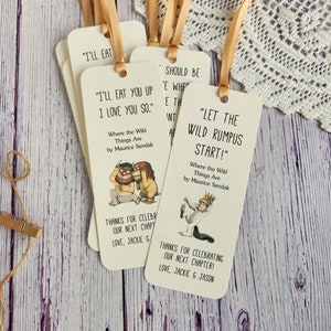 Set of 8 Handmade Children Book Theme Bookmark / Birthday Party Favors / Where the Wild Things Are Quotes / Baby's first library cards Yes, Colored Images