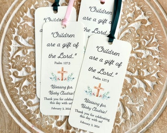 Set of 8 Handmade Bookmark Favor Baby Shower Baptism Communion Christening / Decorations / Religious Keepsake / Psalm 127:3 / Personalized