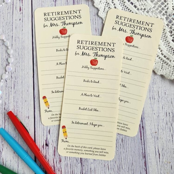 Set of 12 Handmade Retirement Suggestion Cards for Teacher - Hobby Ideas - Bucket List - Books to Read - Teacher Retirement Gift
