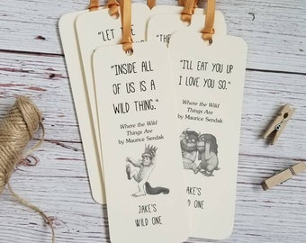 Set of 8 Handmade Children Book Theme Bookmark / Birthday Party Favors / Where the Wild Things Are Quotes / Baby's first library cards