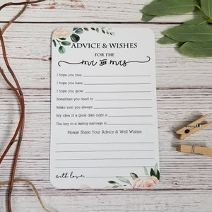 Lot de 12 cartes de conseils de mariage ou de douche nuptiale faites main / voeux de mariage / voeux pour M. et Mme / verdure de roses roses