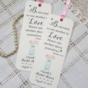 Set of 8 Handmade Personalized Bridal Shower Bookmark Favors - Bridal Party Gift - Wedding Gift with Religious Bible Verse Romans 12:10