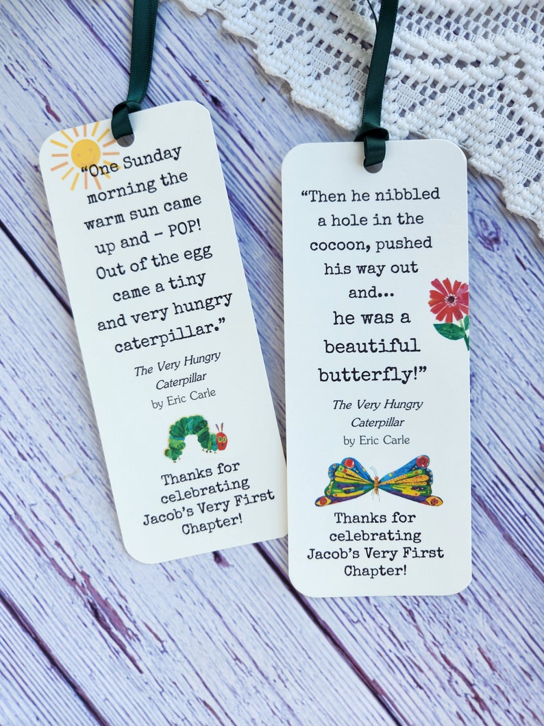 Set of 8 HANDMADE Bookmark Favors Baby Shower Birthday Party Favors / Children Book Quotes / The Very Hungry Caterpillar / Storybook Theme bild 4