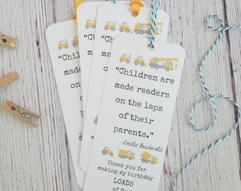 Set of 8 Handmade Construction Truck Theme Bookmark Favors - Children Book Theme Bookmark - Birthday Party Favors