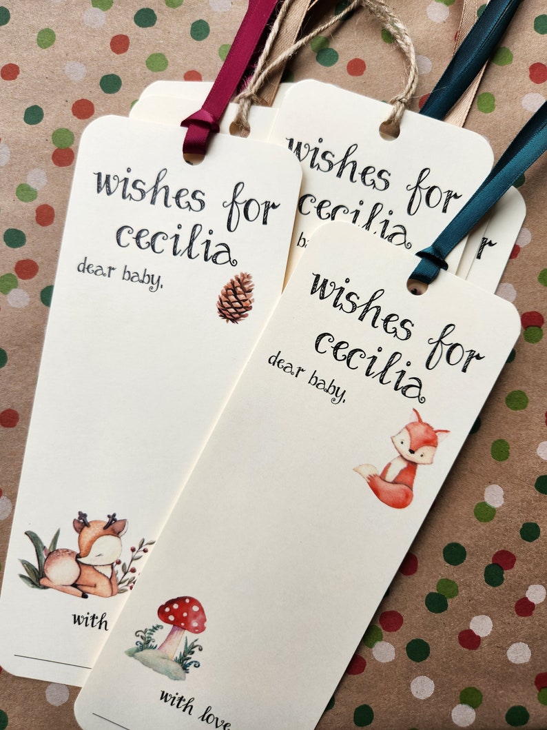 Set of 8 Handmade Baby Shower Wishing Tree Tags Bookmarks Woodland Forest Theme Wishes for Baby Woodland animals Camping Theme image 5