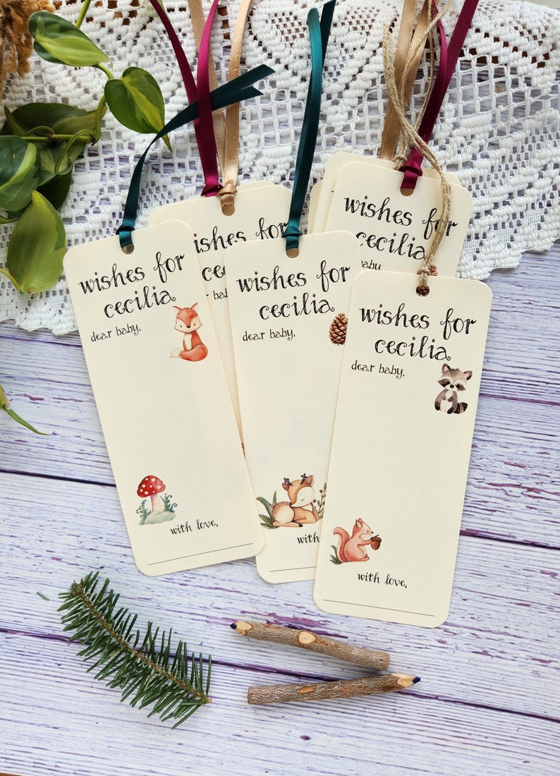Set of 8 Handmade Baby Shower Wishing Tree Tags Bookmarks Woodland Forest Theme Wishes for Baby Woodland animals Camping Theme image 1