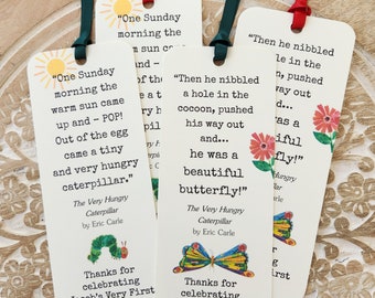 Set of 8 HANDMADE Bookmark Favors Baby Shower Birthday Party Favors / Children Book Quotes / The Very Hungry Caterpillar / Storybook Theme