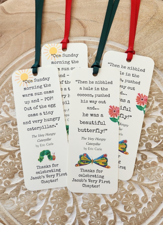 Set of 8 HANDMADE Bookmark Favors Baby Shower Birthday Party Favors / Children Book Quotes / The Very Hungry Caterpillar / Storybook Theme