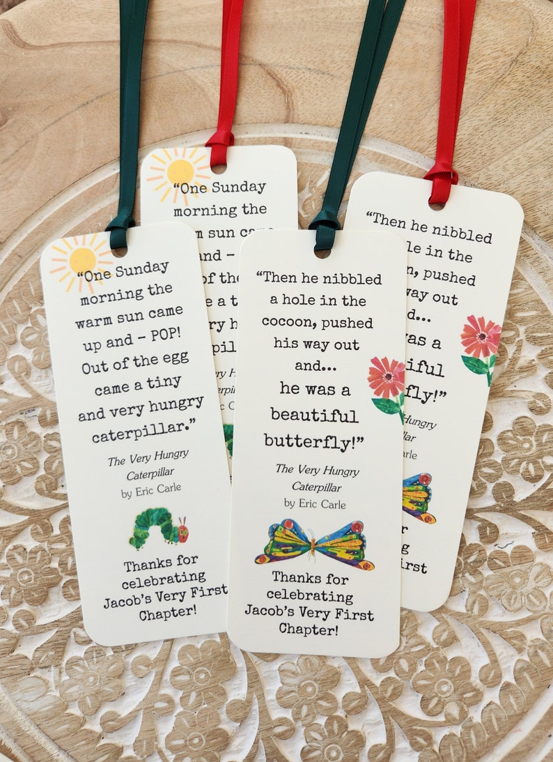 Set of 8 HANDMADE Bookmark Favors Baby Shower Birthday Party Favors / Children Book Quotes / The Very Hungry Caterpillar / Storybook Theme bild 1
