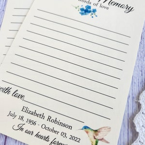 Handmade Memorial Share a Memory Cards - Share Words of Love - Celebration of Life Ceremony - Hummingbird and forget me not flowers zdjęcie 3