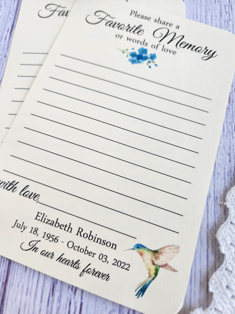 Handmade Memorial Share a Memory Cards - Share Words of Love - Celebration of Life Ceremony - Hummingbird and forget me not flowers zdjęcie 3