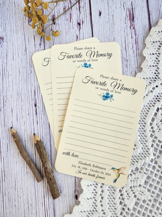 Handmade Memorial Share a Memory Cards - Share Words of Love - Celebration of Life Ceremony - Hummingbird and forget me not flowers
