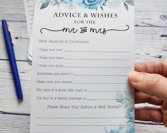 Set of 12 Handmade Bridal Shower Wedding Advice Cards / Wedding Wishes / Wishes for Mr and Mrs / Blue Navy Roses Florals Elegant Dusty Blue