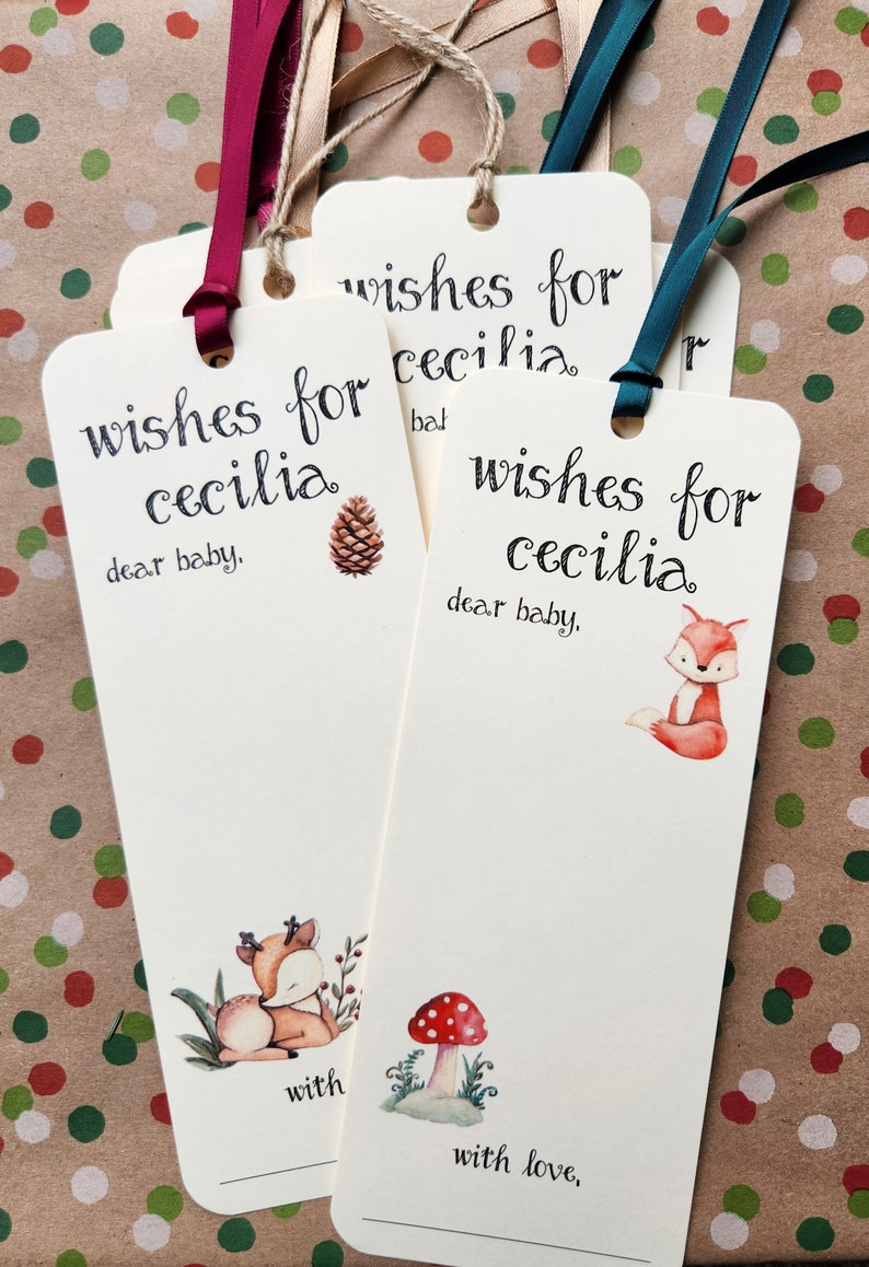 Set of 8 Handmade Baby Shower Wishing Tree Tags Bookmarks Woodland Forest Theme Wishes for Baby Woodland animals Camping Theme image 6