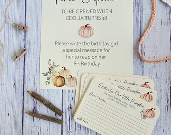Handmade Time Capsule Set - Sign & Wish Cards Wishes for Baby - Birthday Girl - Pink - Our Little Pumpkin theme - Fall Autumn - Personalized