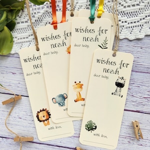 Lot de 8 étiquettes d'arbre à vœux faites main pour baby shower - marque-page - thème safari - voeux de bébé - animaux de safari - jungle - sauvage