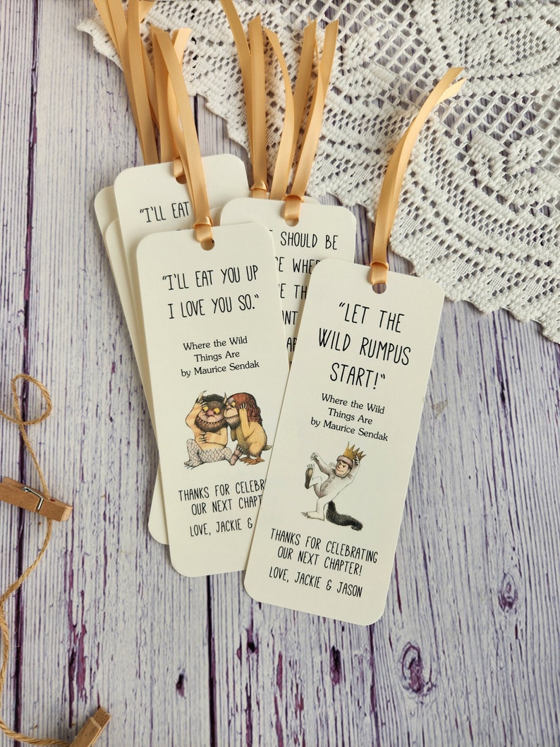 Set of 8 Handmade Children Book Theme Bookmark / Birthday Party Favors / Where the Wild Things Are Quotes / Baby's first library cards Yes, Colored Images