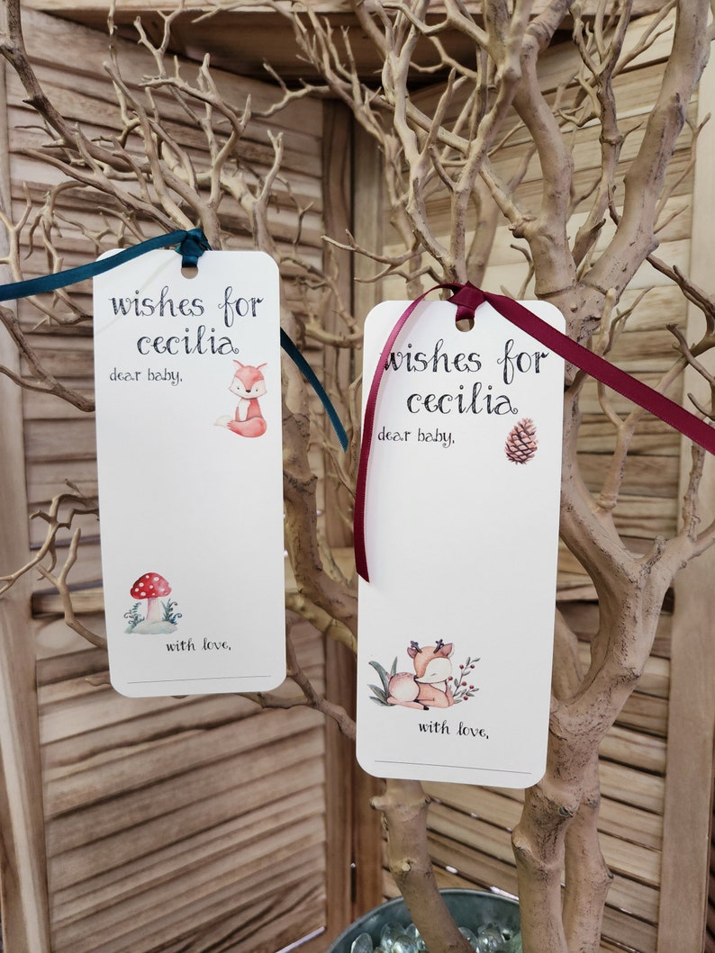 Set of 8 Handmade Baby Shower Wishing Tree Tags Bookmarks Woodland Forest Theme Wishes for Baby Woodland animals Camping Theme image 2