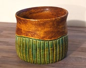 Rust and Turquoise Striped Ceramic Planter - Low Fire Ceramic Vessel, Thrown Planter, Ceramic Cup, Hand Carved Planter