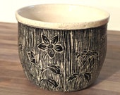 Black and White Floral Sgraffito Ceramic Planter - Low Fire Ceramic Vessel, Thrown Planter, Ceramic Cup, Hand Carved Planter