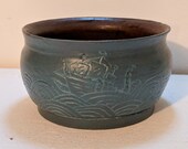 Blue wave and Ship Carved Planter - Low Fire Ceramic Vessel, Jar, Small Flower Planter, Carved Blue Flower Pot