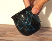 Black and Blue Geometric Ceramic Planter - Low Fire Ceramic Vessel, Thrown Planter, Ceramic Cup, Hand Carved Planter