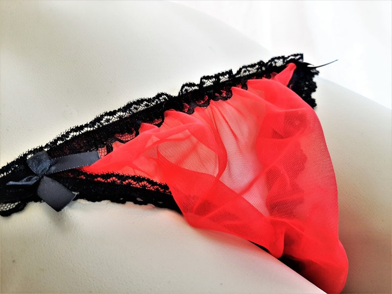 Men's Panty, See Thru Bikini, Lace Panties, Gift for Him, Crossdresser Lingerie, Sheer String Panty, Male Negligee, Red Lace Panty, Size XL image 1