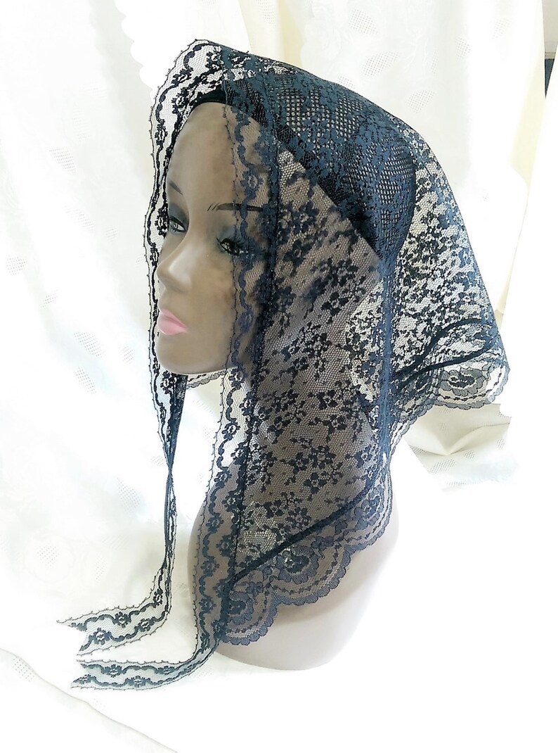 Lace Mantilla, Catholic Head Covering, Triangle Chapel Scarf, Black Funeral Sanctuary Mourning