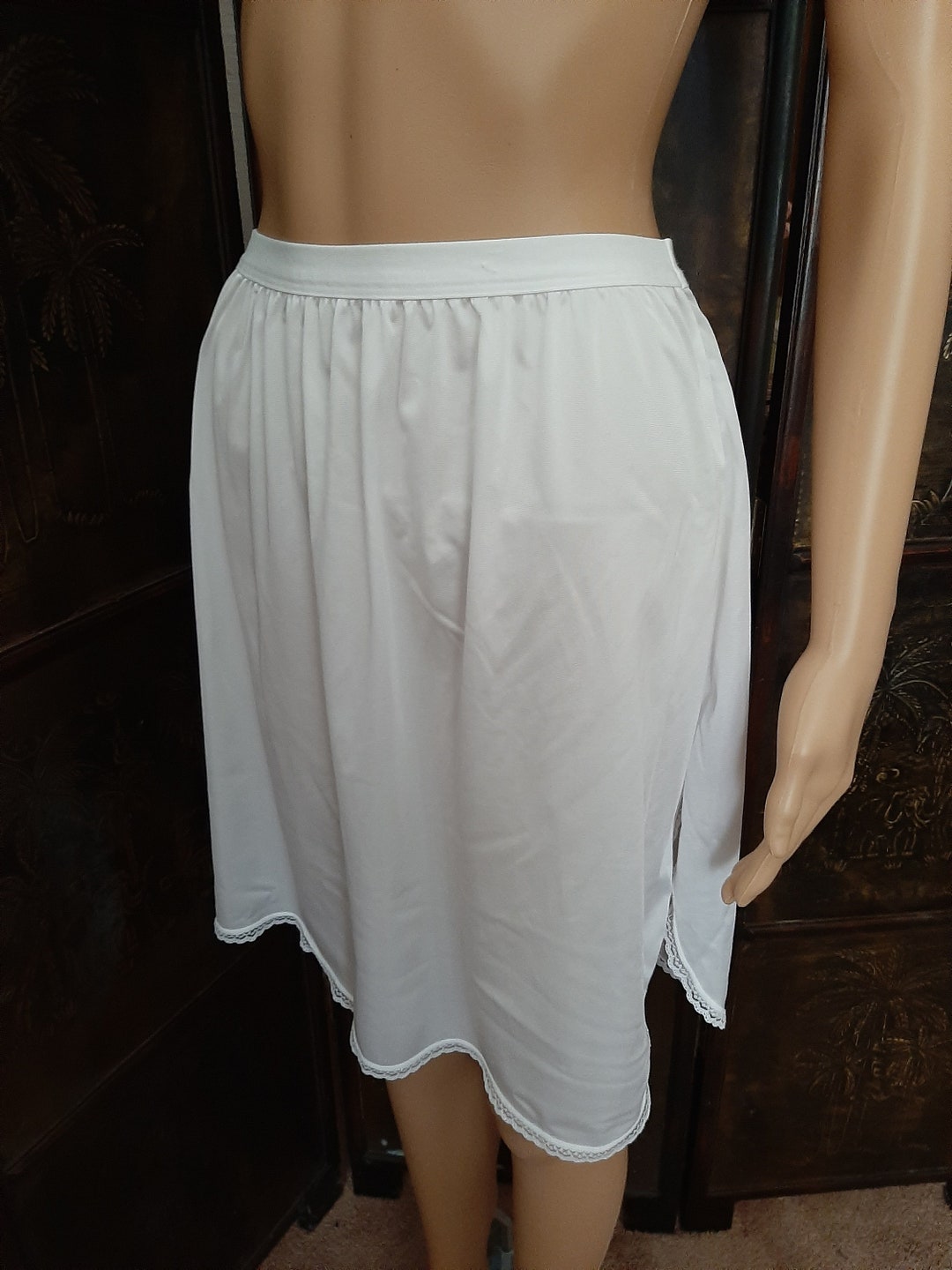 Nylon Half Slip, Short Vanity Fair White Mini With Narrow Lace on Hem