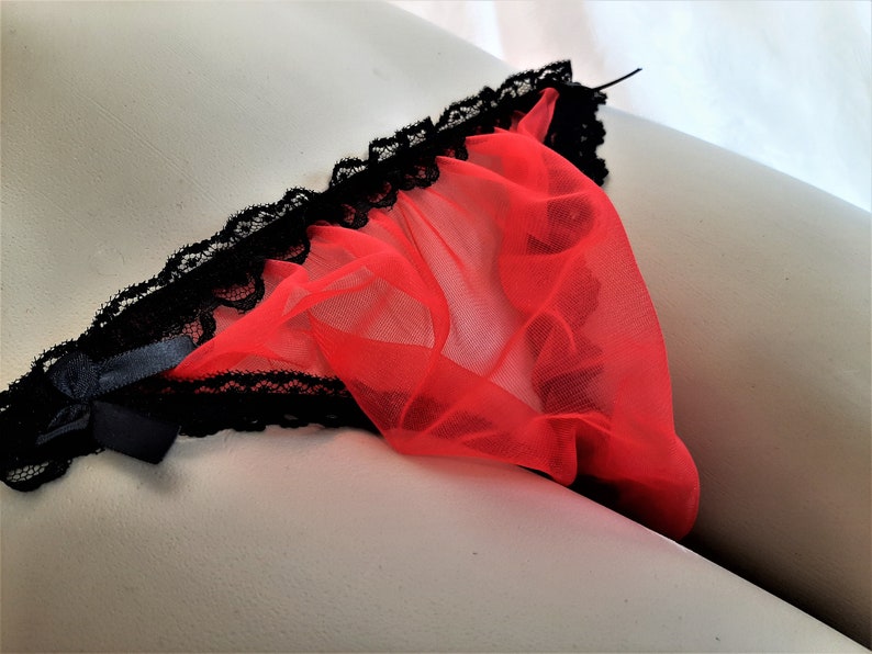 Men's Panty, See Thru Bikini, Lace Panties, Gift for Him, Crossdresser Lingerie, Sheer String Panty, Male Negligee, Red Lace Panty, Size XL image 7