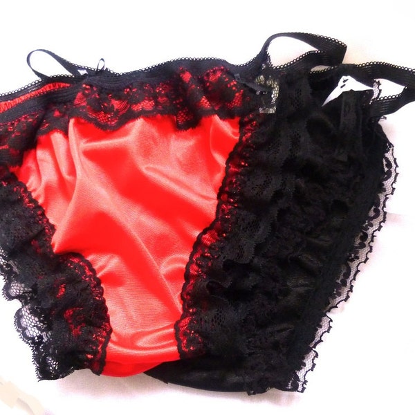 Sexy Satin Vintage Black Lace Trimmed Bikini Underwear Panties Lingerie with Black Ribbon Bows