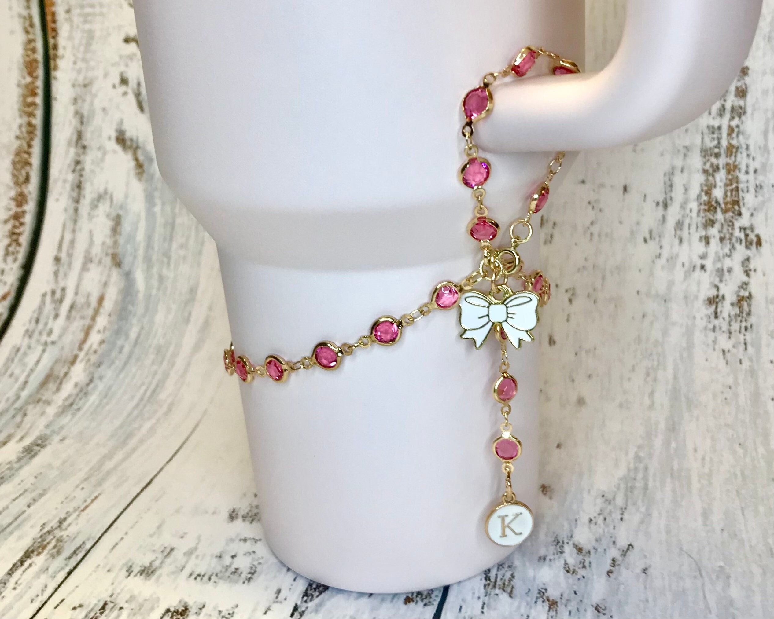 Stanley boot handle bracelet w/ personalized letter and bow charm, 40 oz Stanley bling charm, Stanley gift - pink, blue, purple, choc gold