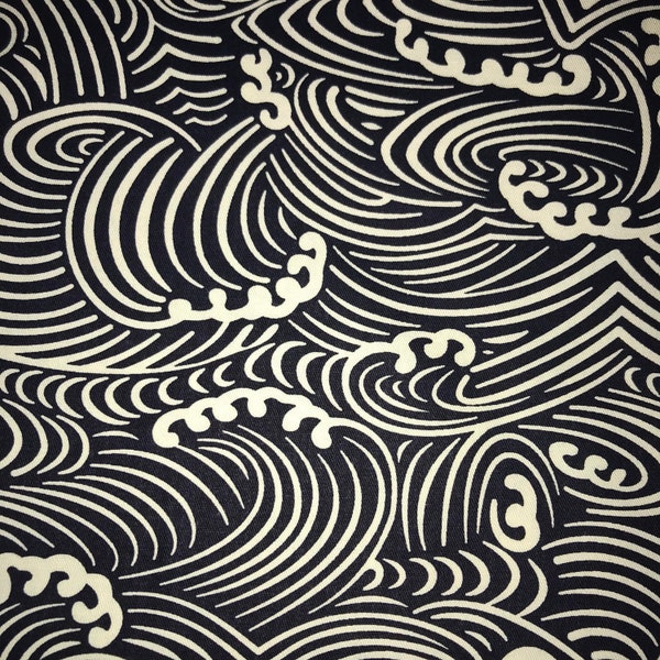 Japanese Wave - Dark Navy / Black & White - 100% cotton poplin fabric - high quality - great for DIY sewing crafts - ships fast from USA!