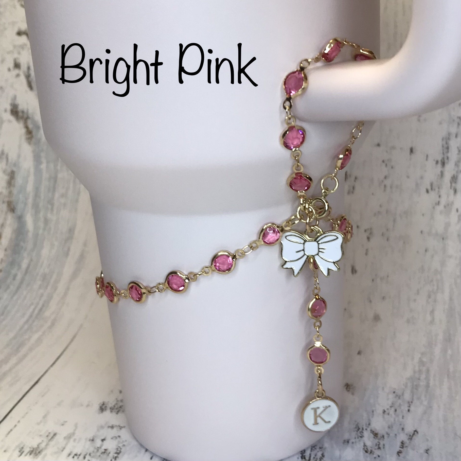 Stanley boot handle bracelet w/ personalized letter and bow charm, 40 oz Stanley bling charm, Stanley gift - pink, blue, purple, choc gold