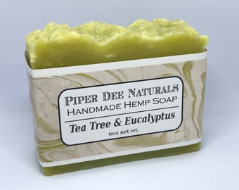 Tea Tree & Eucalyptus Hemp Bar Soap - BIG 6 oz BAR! Creamy lather, made to last. All natural soap with hemp seed oil, coconut oil, olive oil