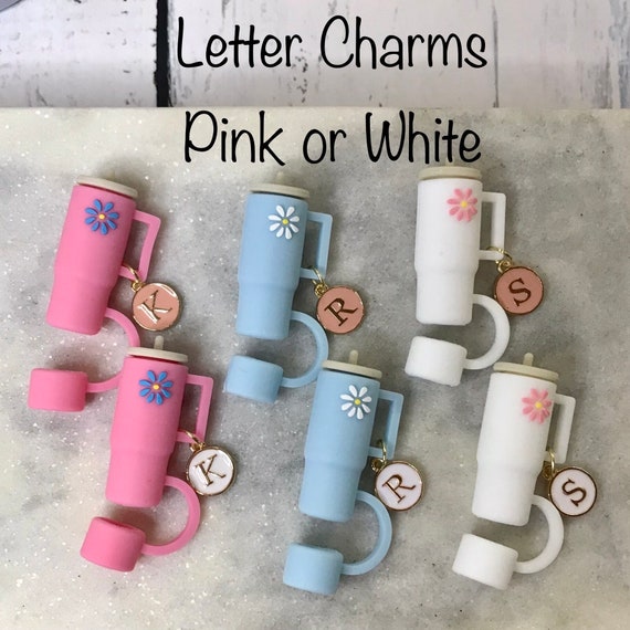 6PCS Accessori personalizzati per Stanley Cup, Decorazioni con iniziali per tumbler Stanley, Adesivo con lettera per Stanley Cup, Ciondolo con lettera,Cappuccio di copertura per cannuccia e tappo (F