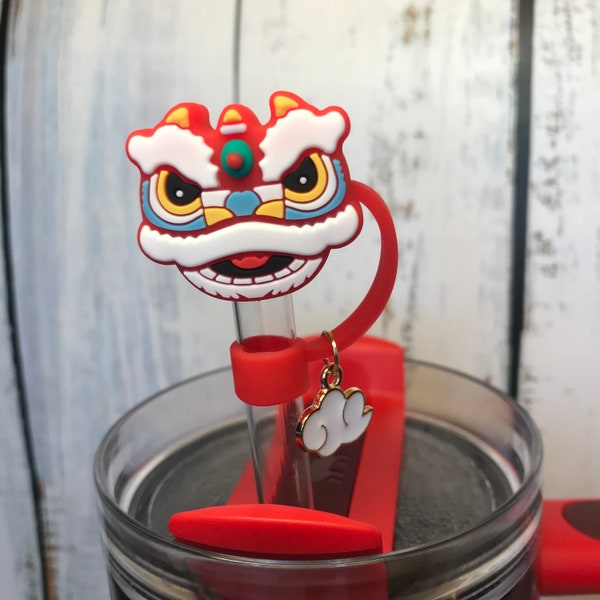 Stanley Accessory Straw Cover Chinese Lion for Lunar New Year Stanley Tumbler cup Dragon Straw Topper with Cloud Charm