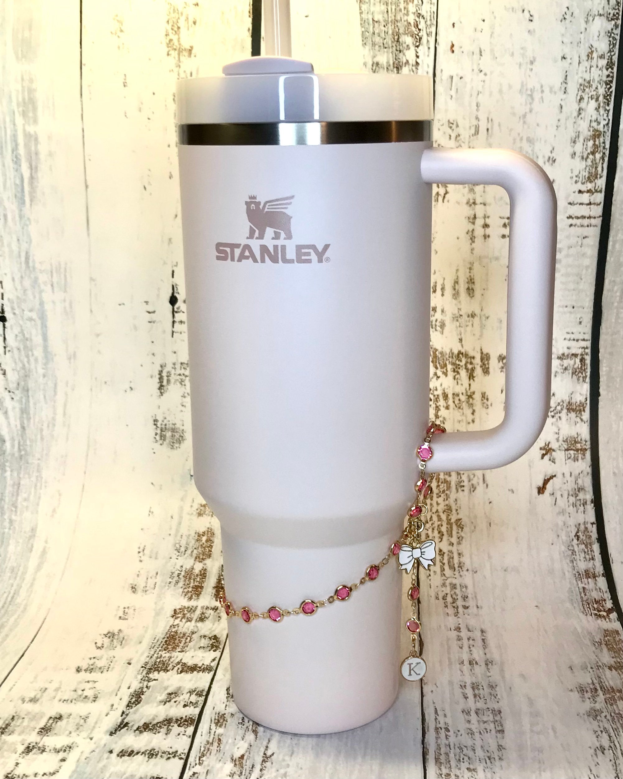 Stanley boot handle bracelet w/ personalized letter and bow charm, 40 oz Stanley bling charm, Stanley gift - pink, blue, purple, choc gold