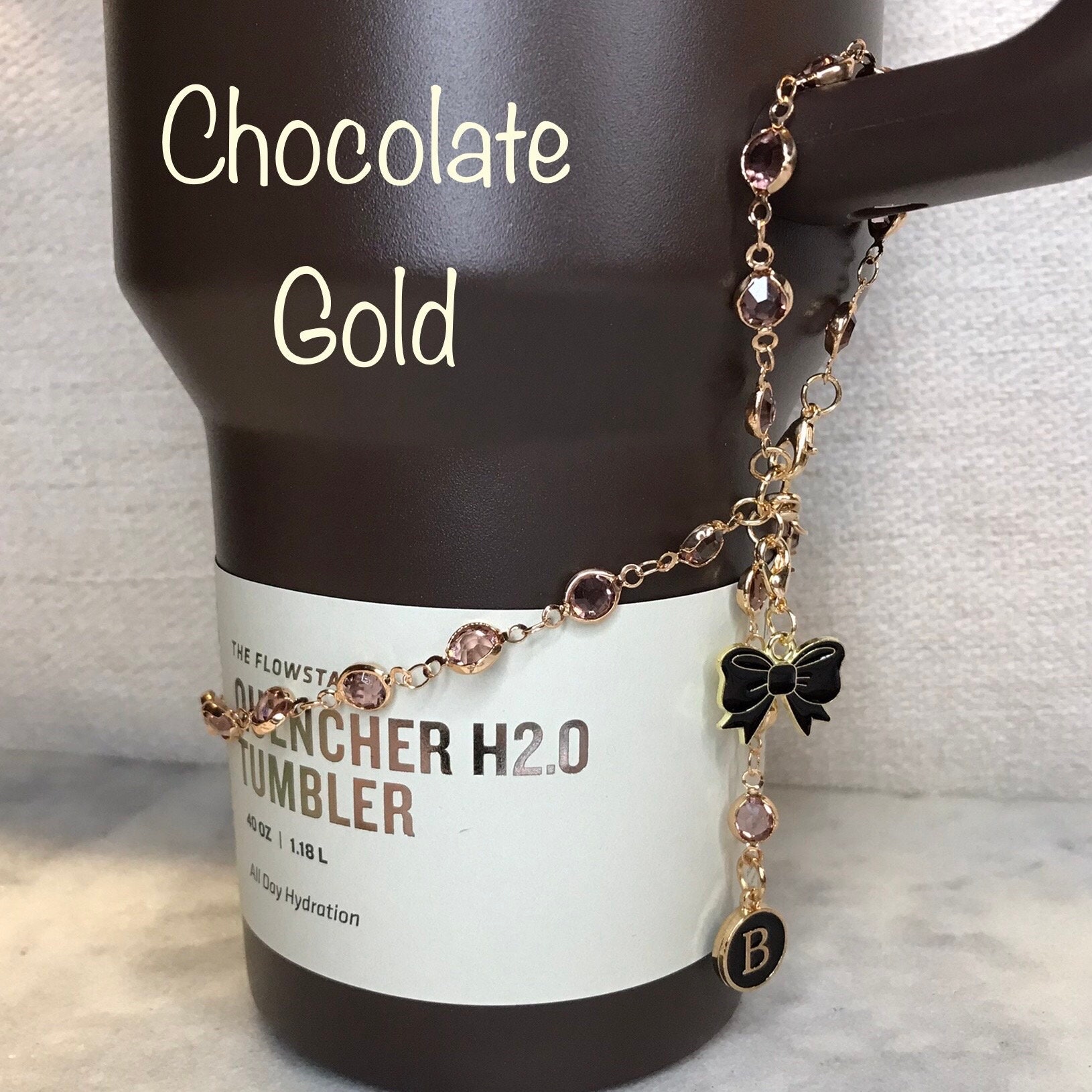 Stanley boot handle bracelet w/ personalized letter and bow charm, 40 oz Stanley bling charm, Stanley gift - pink, blue, purple, choc gold