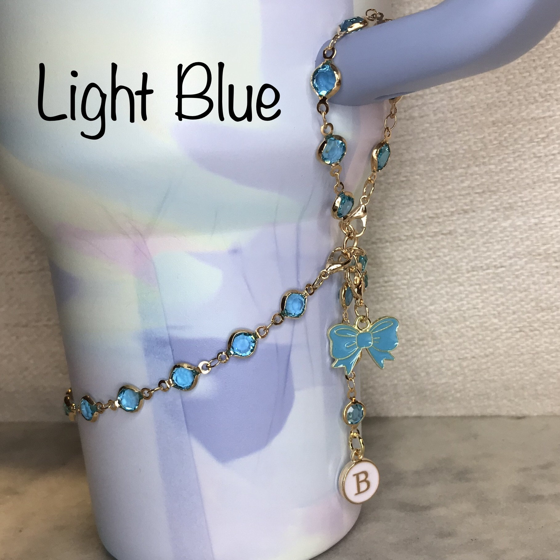 Stanley boot handle bracelet w/ personalized letter and bow charm, 40 oz Stanley bling charm, Stanley gift - pink, blue, purple, choc gold